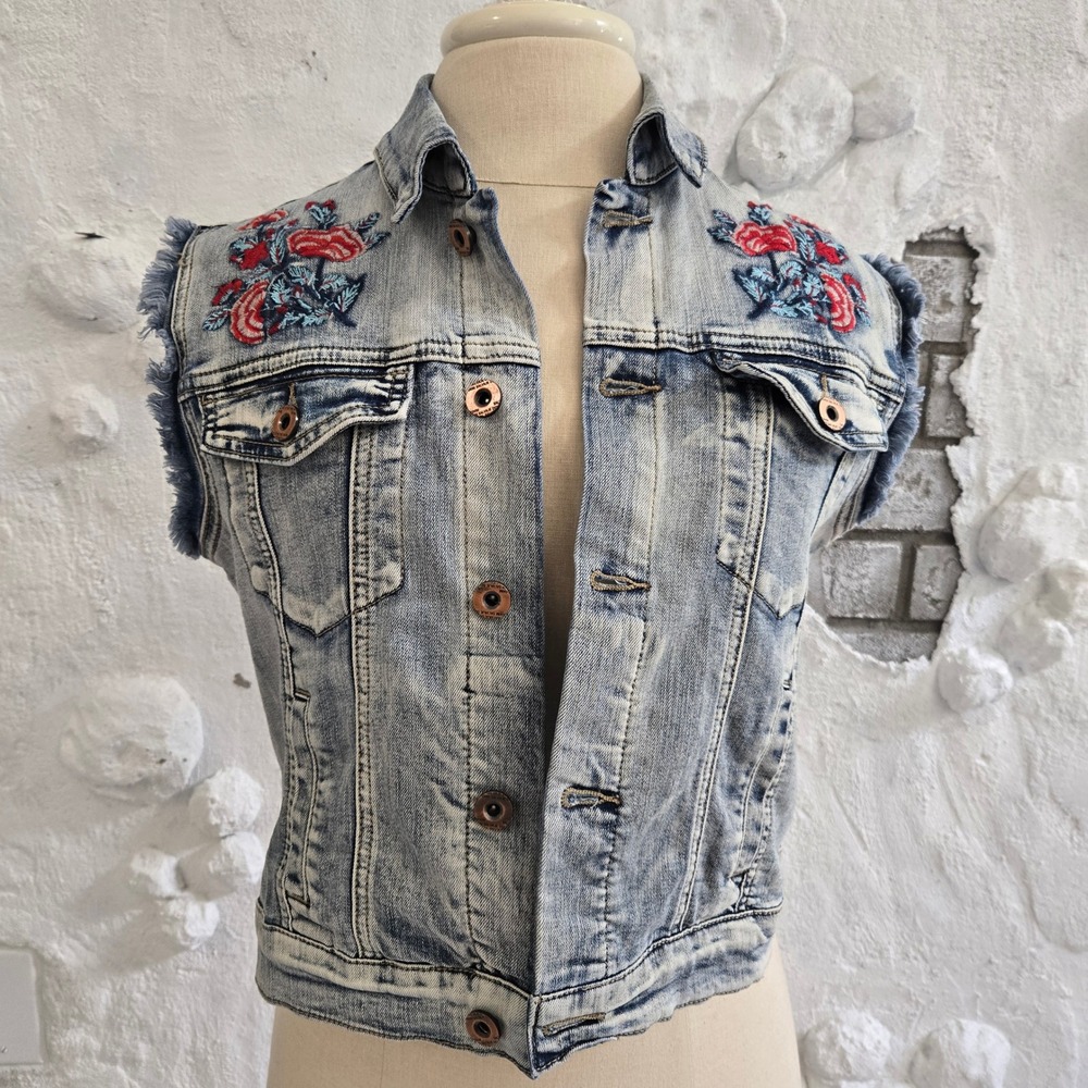 Salvaje Denim Floral Embroidered Western Festival Sleeveless Boho Denim Sz M
